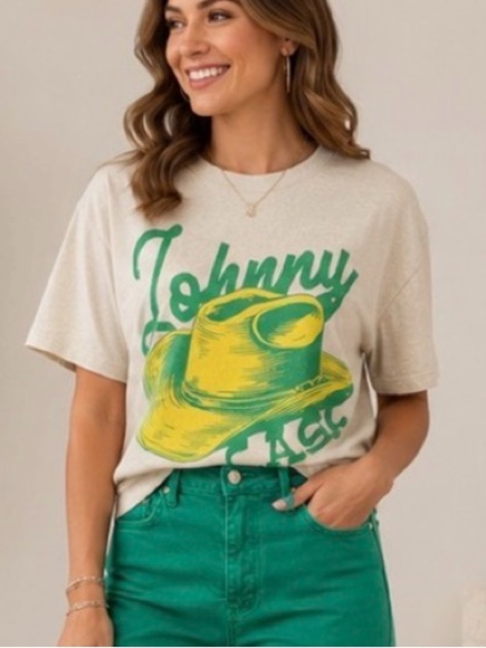 Johnny Cash Graphic Short Sleeve Tee in Cream with Green and Pink Print
